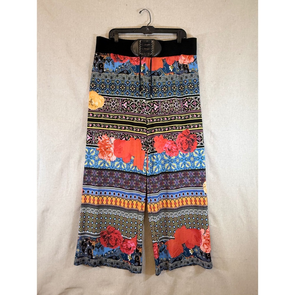 Magic Womens Wide Leg Palazzo Pants Boho Floral Paisley Lace Up Waist 2X Multi